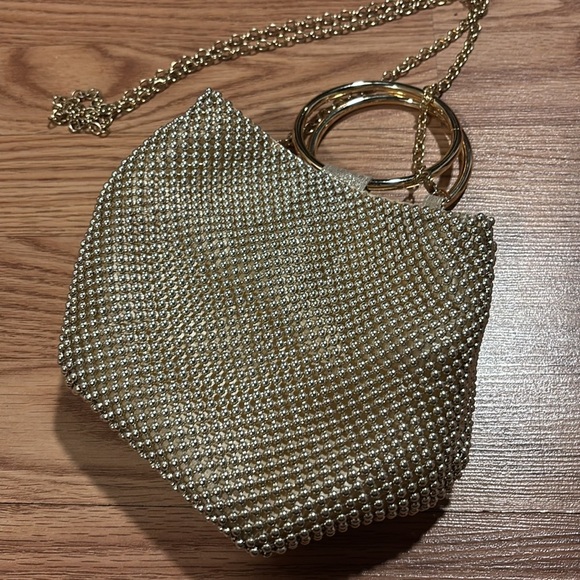 JESSICA MC CLINTOCK Gwen Ball Mesh Ring Wristlet Pouch PURSE BEADED GOLD - Picture 3 of 6